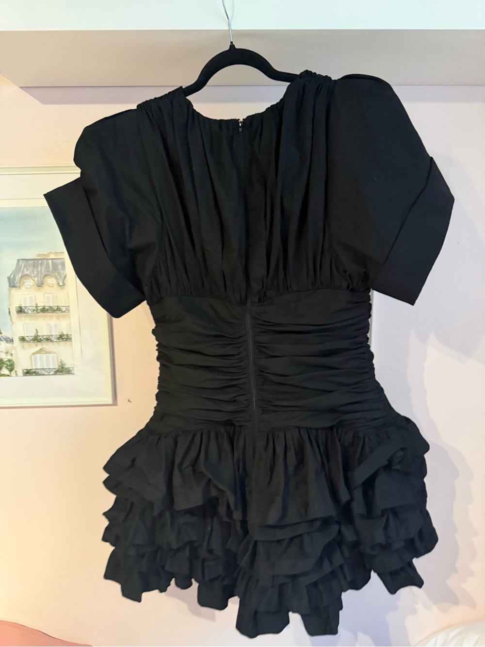 Black Ruffle Mini Dress with Ruched Waist - Picture 3 of 4